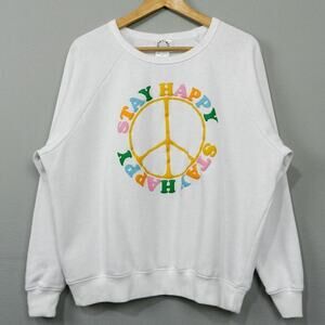 Revolution33 Sweatshirt‎ Size L White Stay Happy Puffy Graphic Athleisure Raglan